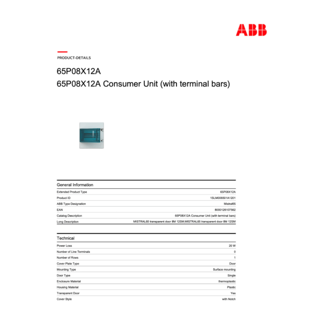 ตู้คอนซูเมอร์ยูนิตกันน้ำ 8 ช่อง ABB MISTRAL 8 MODULES (IP66 ฝาใส)